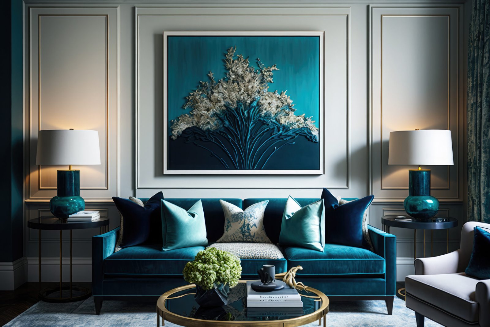 living-room-with-blue-sofa-large-painting-flower-wall