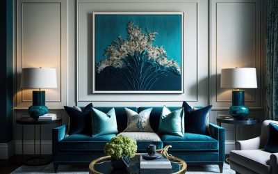 living-room-with-blue-sofa-large-painting-flower-wall